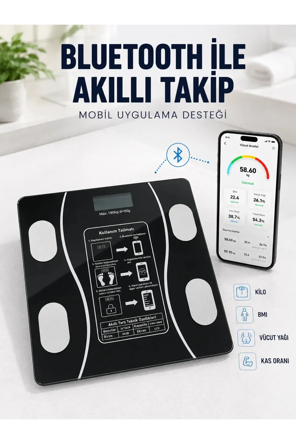 Akıllı Cam Baskül Bluetooth Mobil Uygulamalı Vücut iz Tartısı 180 Kg LCD Ekran