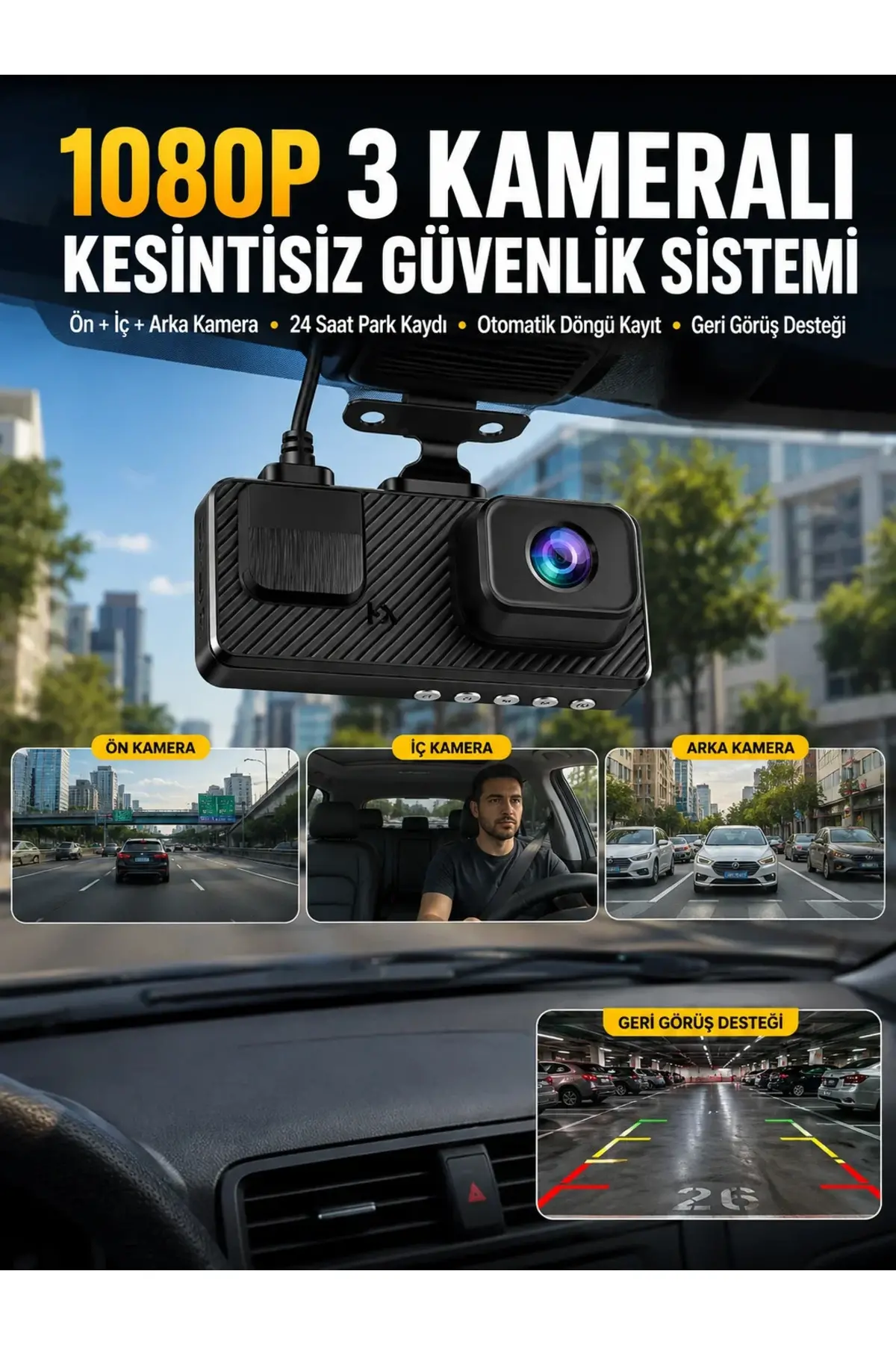 3 Kameralı Araç İçi DVR Kayıt Cihazı Ön İç Arka Kamera Full HD