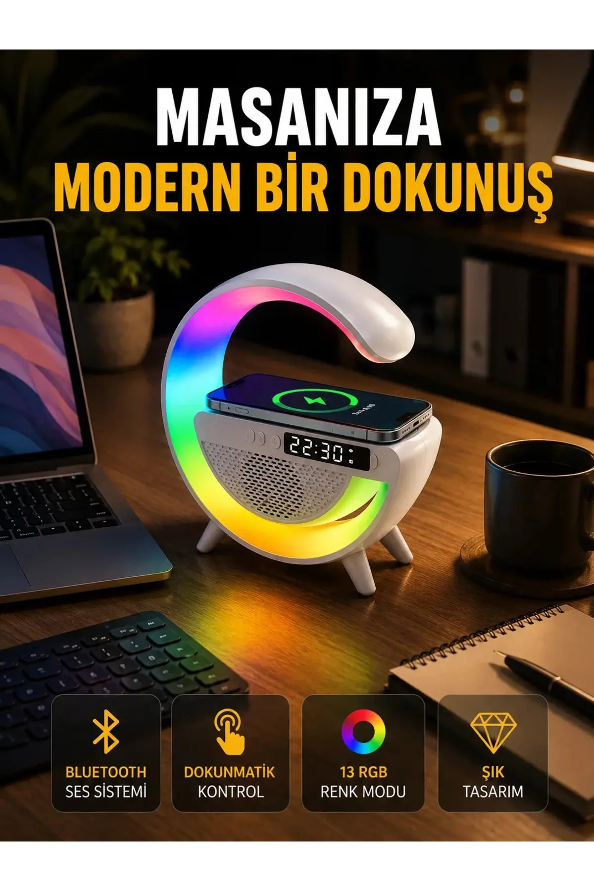 13 Renk Seçenekli Kablosuz Şarj Cihazlı LED Lamba
