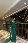 Kadın Modern Stil Kruvaze Yaka Taş Detaylı Uzun Kollu Abiye Elbise-2