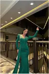 Kadın Modern Stil Kruvaze Yaka Taş Detaylı Uzun Kollu Abiye Elbise-4