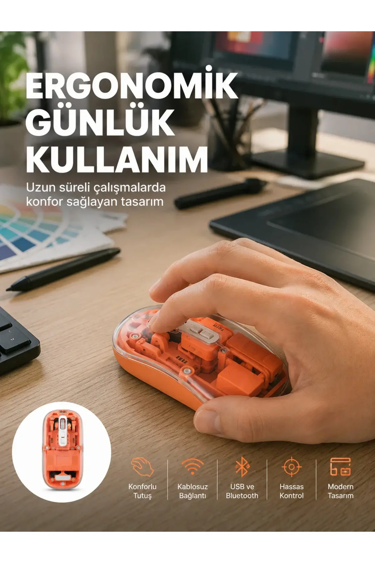 Şeffaf Kablosuz Mouse Bluetooth Bağlantılı Sessiz Tıklama Yeni Nesil
