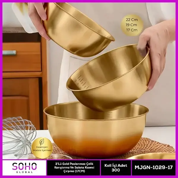 2'li Gold Paslanmaz Çelik Karıştırma Ve Salatalık Kase