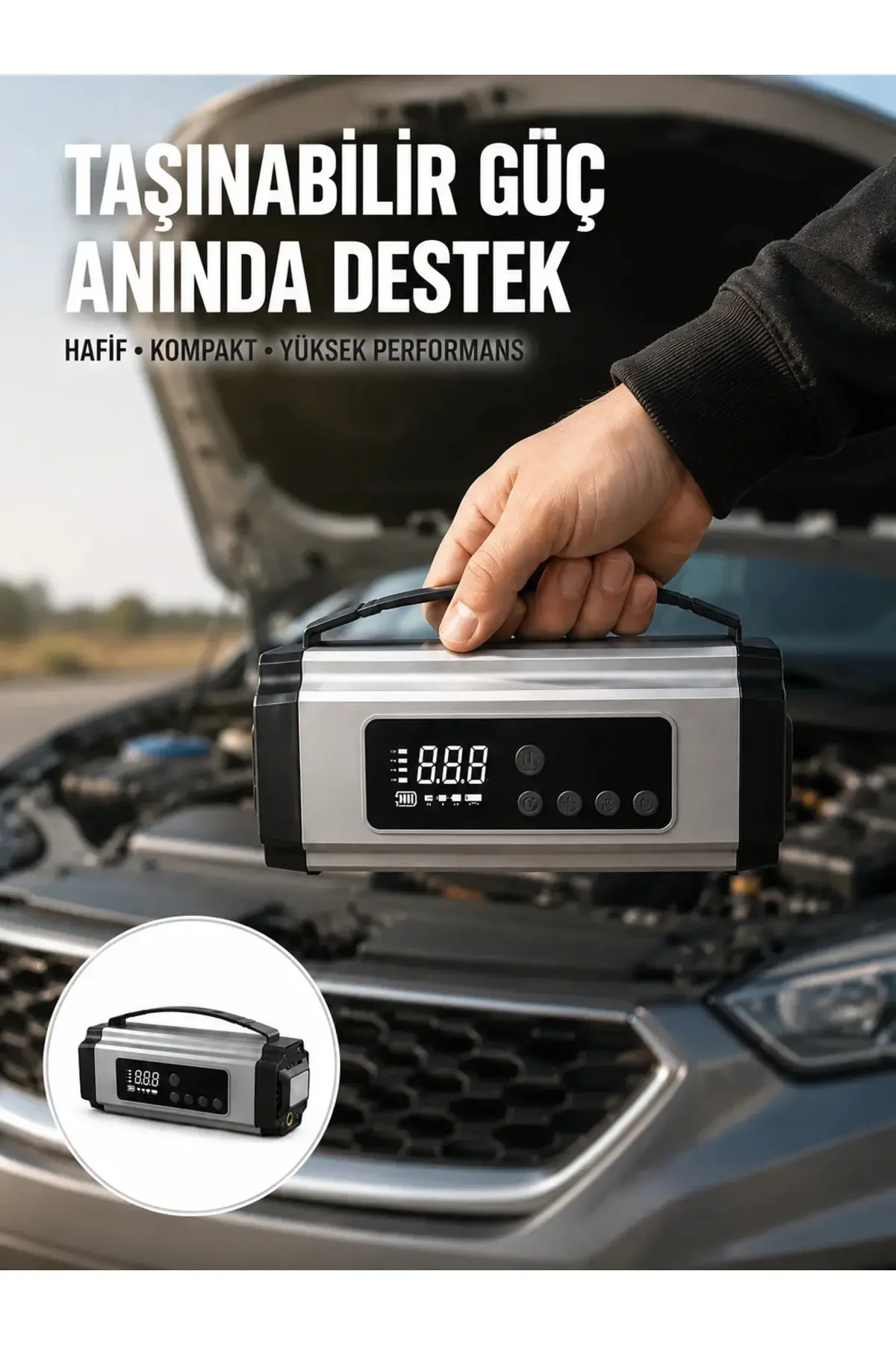 Dijital Göstergeli Akü Takviye Cihazı Lastik Şişirme Powerbank ve LED Işık Özellikli Yeni Nesil