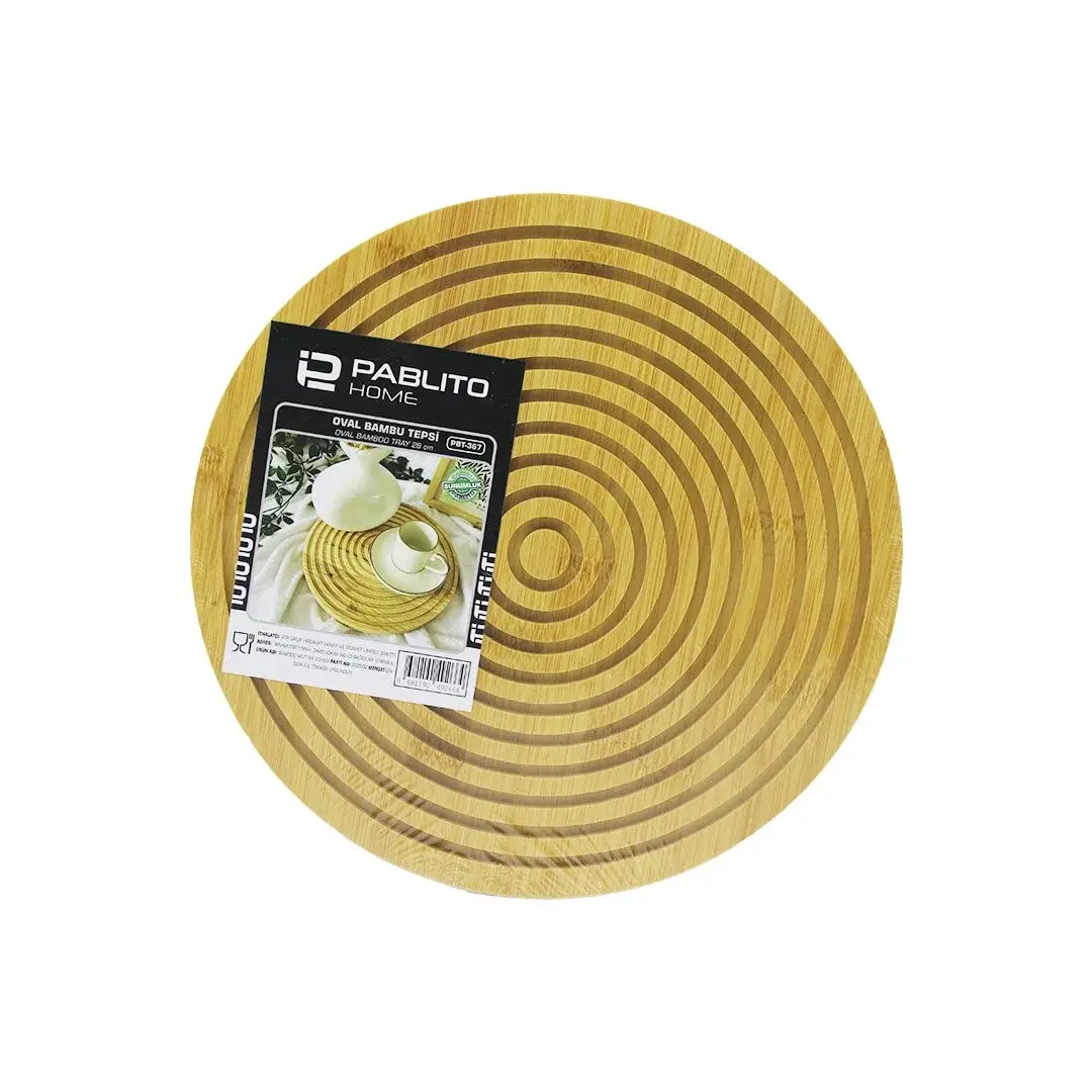 Yuvarlak Çift Taraflı=düz - Dalgalı Oyuk Klı Ahşap Bambu Sunum Tepsi 28CM