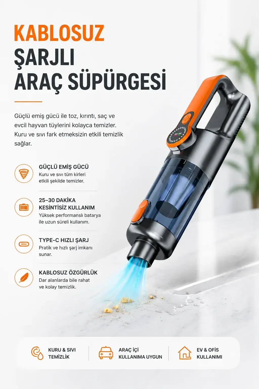 Yüksek Eş Güçlü Taşınabilir Araç Süpürgesi