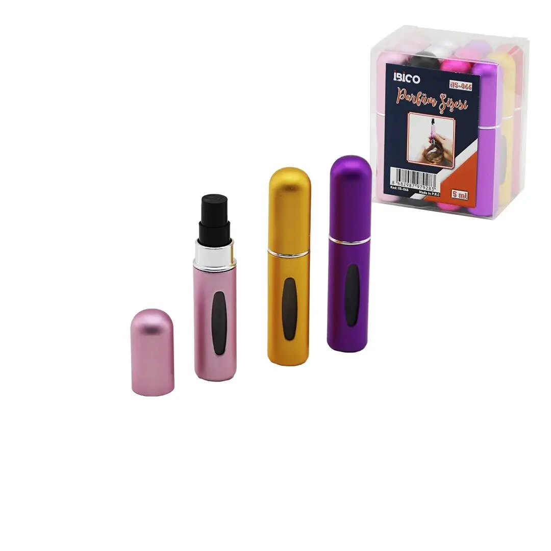 12 Adet Mini=cep - Çanta Boy Boş Sprey Parfüm Şişesi 5ML Renkli Pls. Seviye Pencereli
