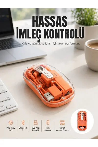 Bluetooth ve USB Destekli Kablosuz Şeffaf Mouse Sessiz Kullanım Yeni Nesil