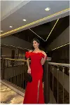 Kadın İnce İşçilik Kare Yaka Yırtmaçlı Kısa Kollu Abiye Elbise-2