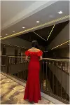 Kadın İnce İşçilik Kare Yaka Yırtmaçlı Kısa Kollu Abiye Elbise-4