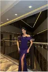 Kadın İnce İşçilik Kare Yaka Yırtmaçlı Kısa Kollu Abiye Elbise-6