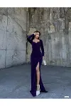 Kadın İnce İşçilik Kare Yaka Uzun Kol Dokuma Kumaş A Kesim Abiye Elbise-2