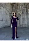 Kadın İnce İşçilik Kare Yaka Uzun Kol Dokuma Kumaş A Kesim Abiye Elbise-3