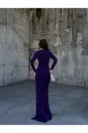 Kadın İnce İşçilik Kare Yaka Uzun Kol Dokuma Kumaş A Kesim Abiye Elbise-4