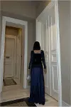 Kadın El Emeği Kare Yaka Kemerli Uzun Kollu Abiye Elbise-3