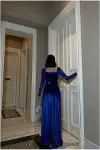 Kadın El Emeği Kare Yaka Kemerli Uzun Kollu Abiye Elbise-7