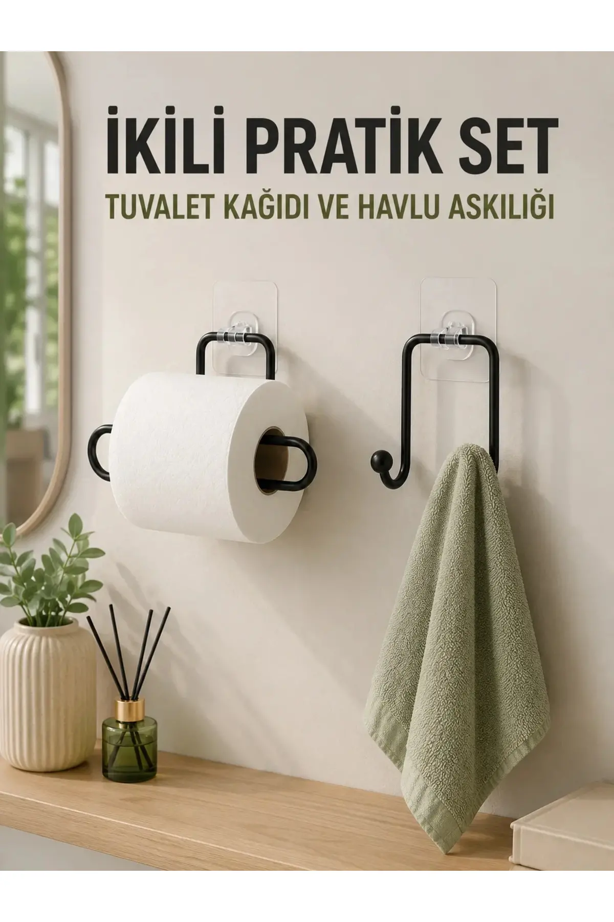 Duvara Yapışkanlı 2’li Düzenleme Seti Havlu Askısı ve Tuvalet Kağıdı Tutucu