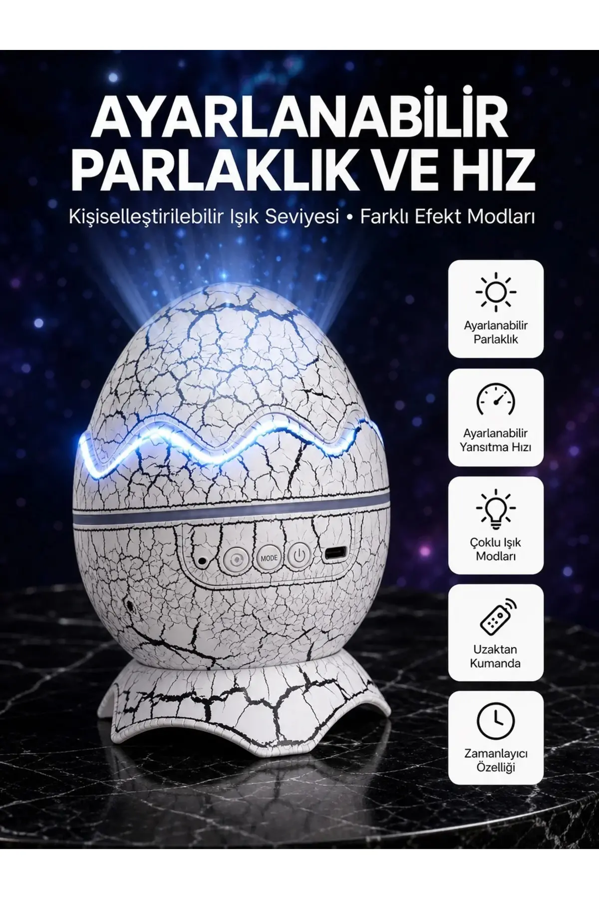 Dinozor Yumurtası Tasarımlı Projektörlü Gece Lambası