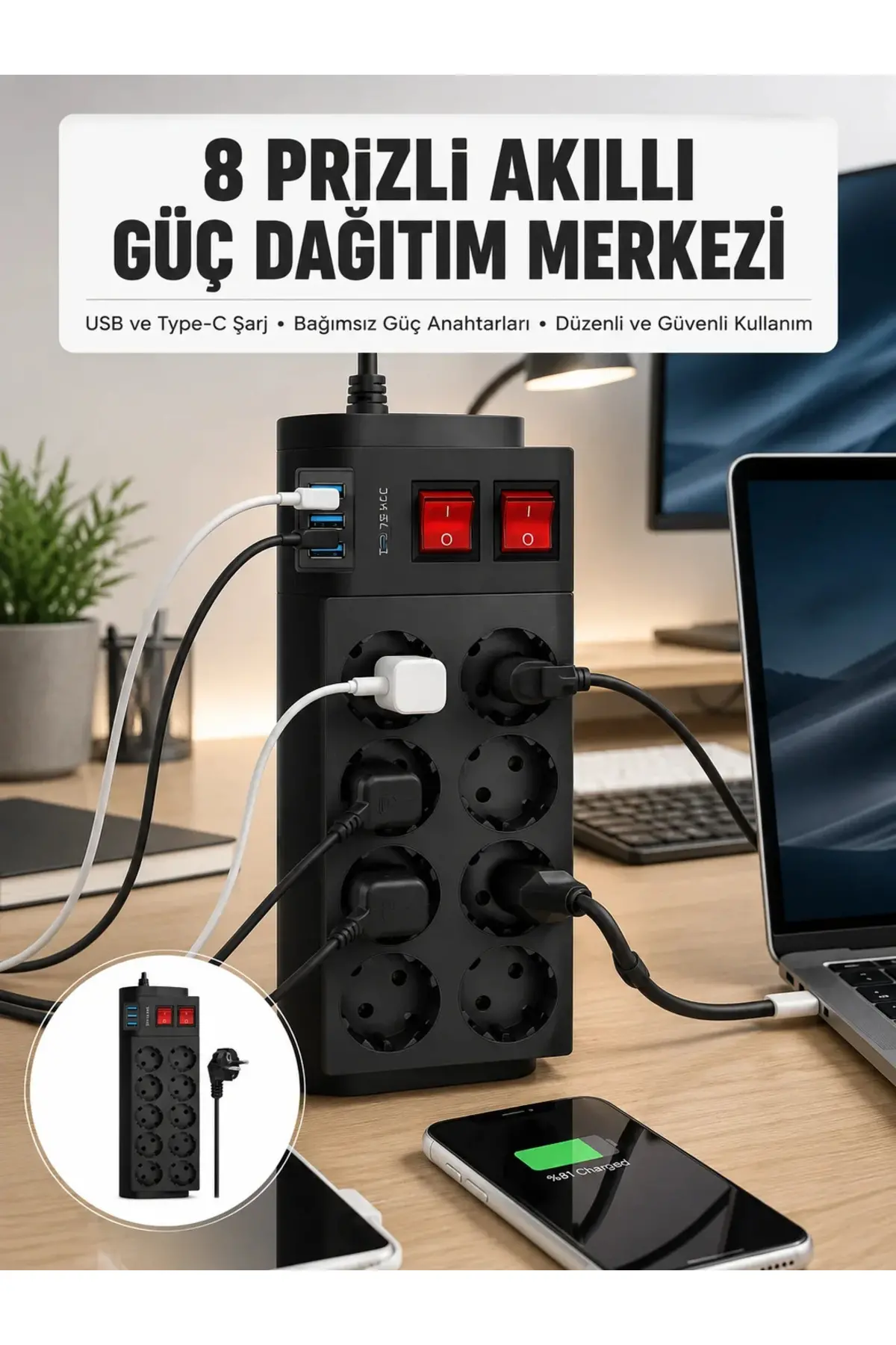 2 Metre Güçlü Çoklu Priz 8 Soket Yeni Nesil