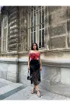 Kadın Şık Tasarım Kayık Yaka Omzu Açık Desenli Crop Bluz-1