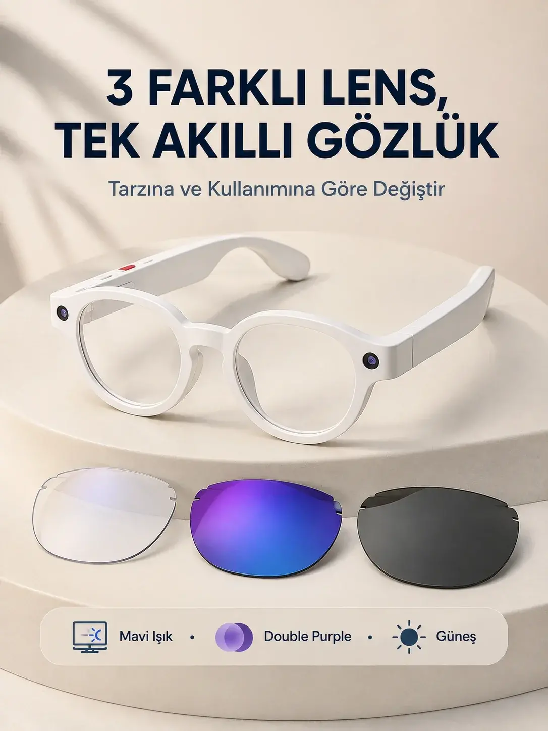 Beyaz Akıllı Kamera Gözlüğü Fotoğraf Video Çekimli Yapay Zeka Destekli Bluetooth Çoklu Dil Çeviri 3