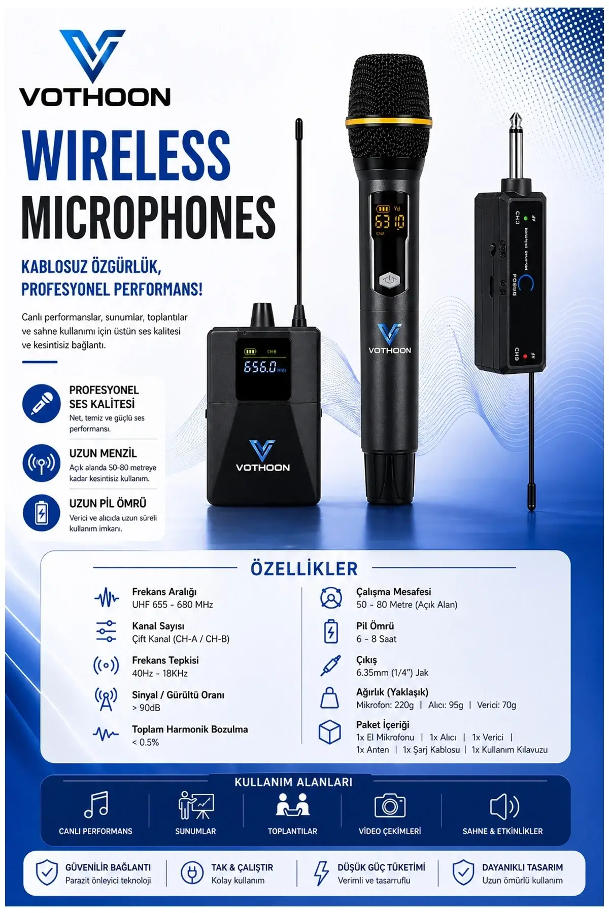 Mikrofon Seti Uhf Çift K Profesyonel El krofonu 50-80m Menzil
