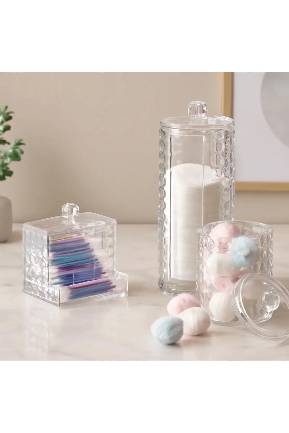 3'lü Mika Kristal Plastik Organizer Seti - Kulak Pamukluk, Makyaj Pamuğu, Mendillik