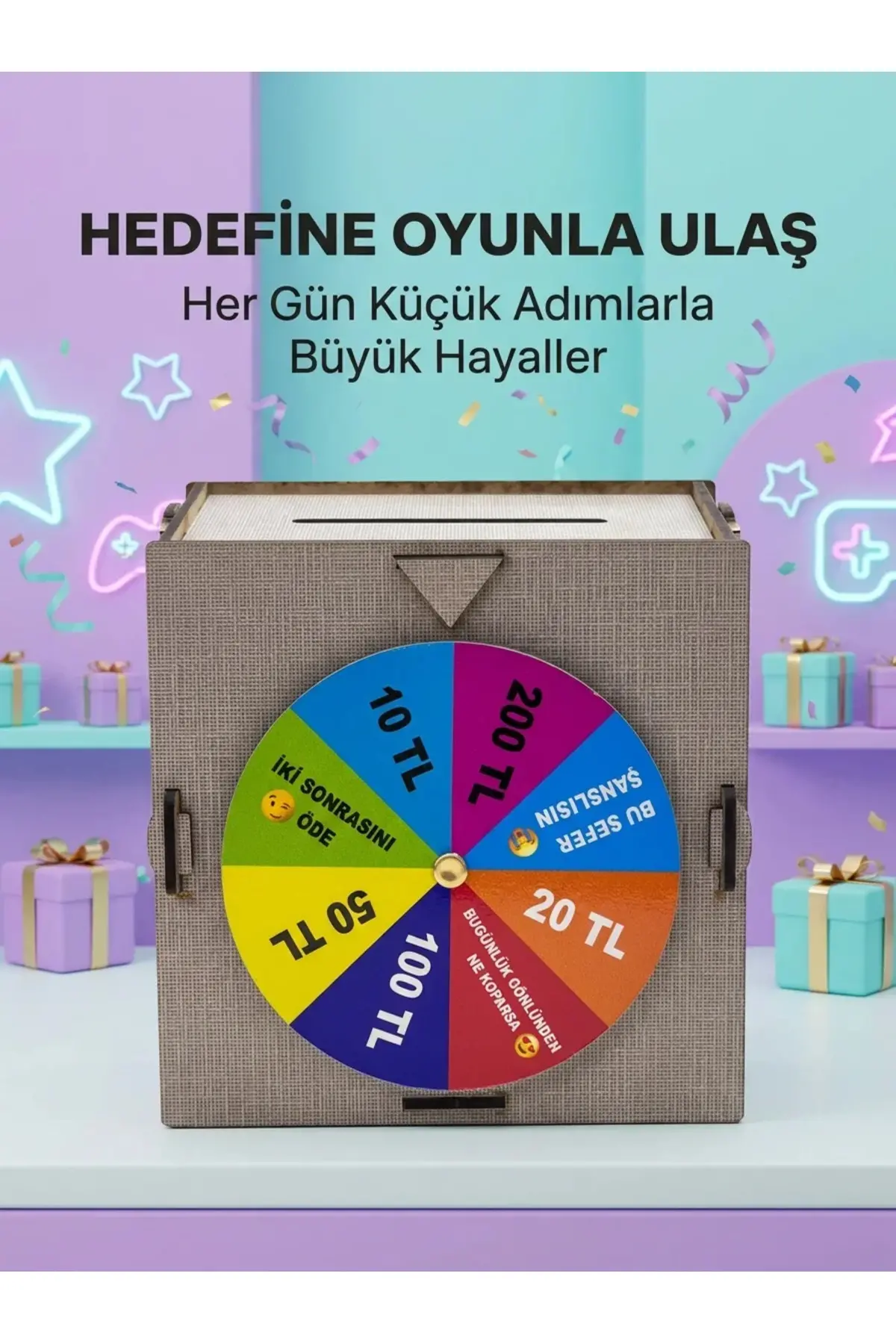 Şans Çarklı Hediyelik Tasarruf Kutusu Eğlenceli Para Biriktirme Oyun Dekoratif Ahşap Kumbara
