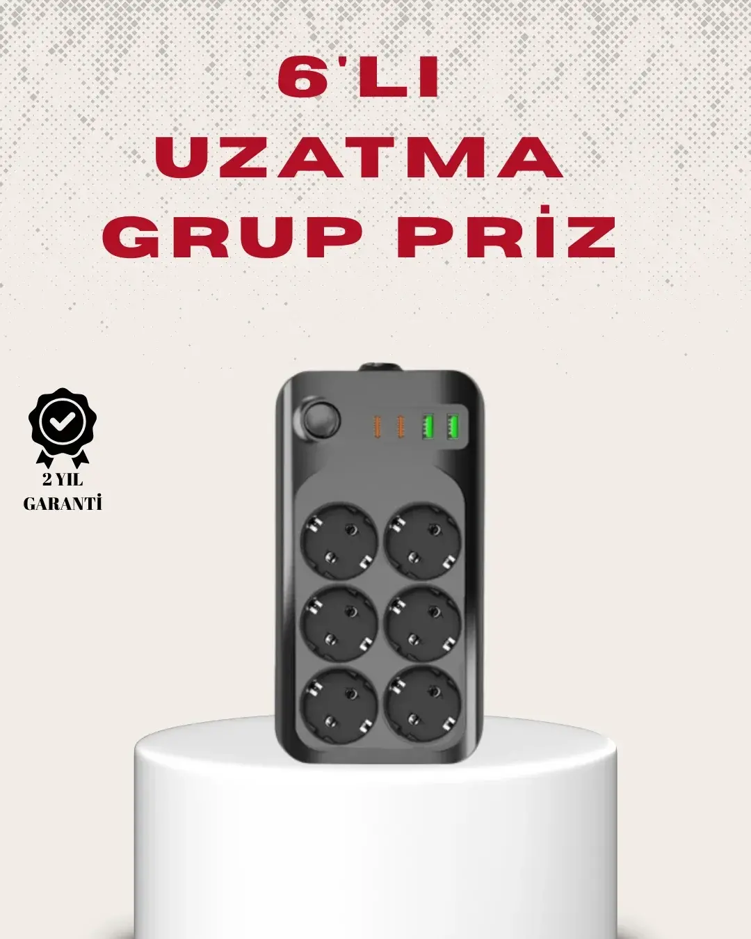 6’lı Grup Priz Termal Korumalı USB Type-C Çoklu Priz 2 Metre Kablo