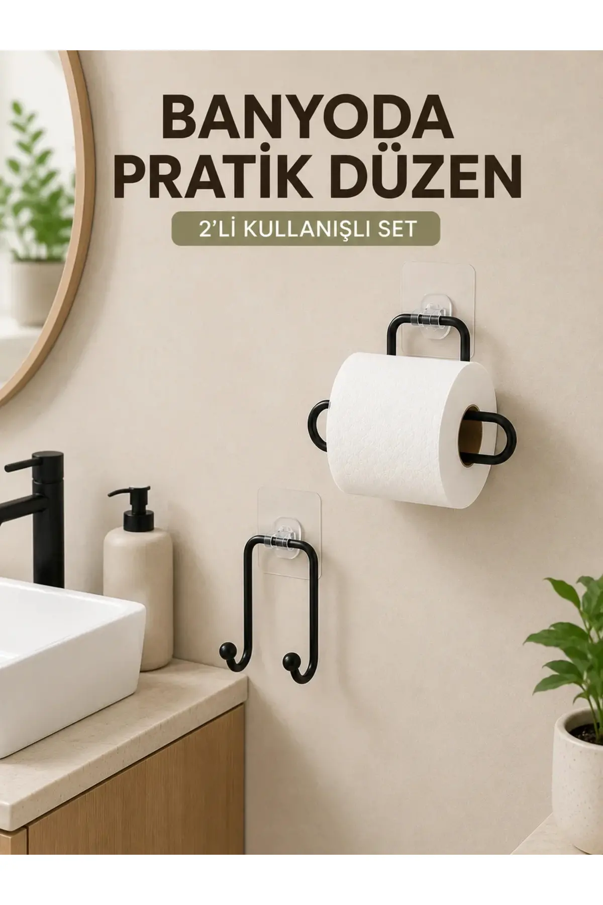 Vidasız Banyo Seti Yapışkanlı Tuvalet Kağıdı Tutucu ve Havlu Askısı 2’li Set