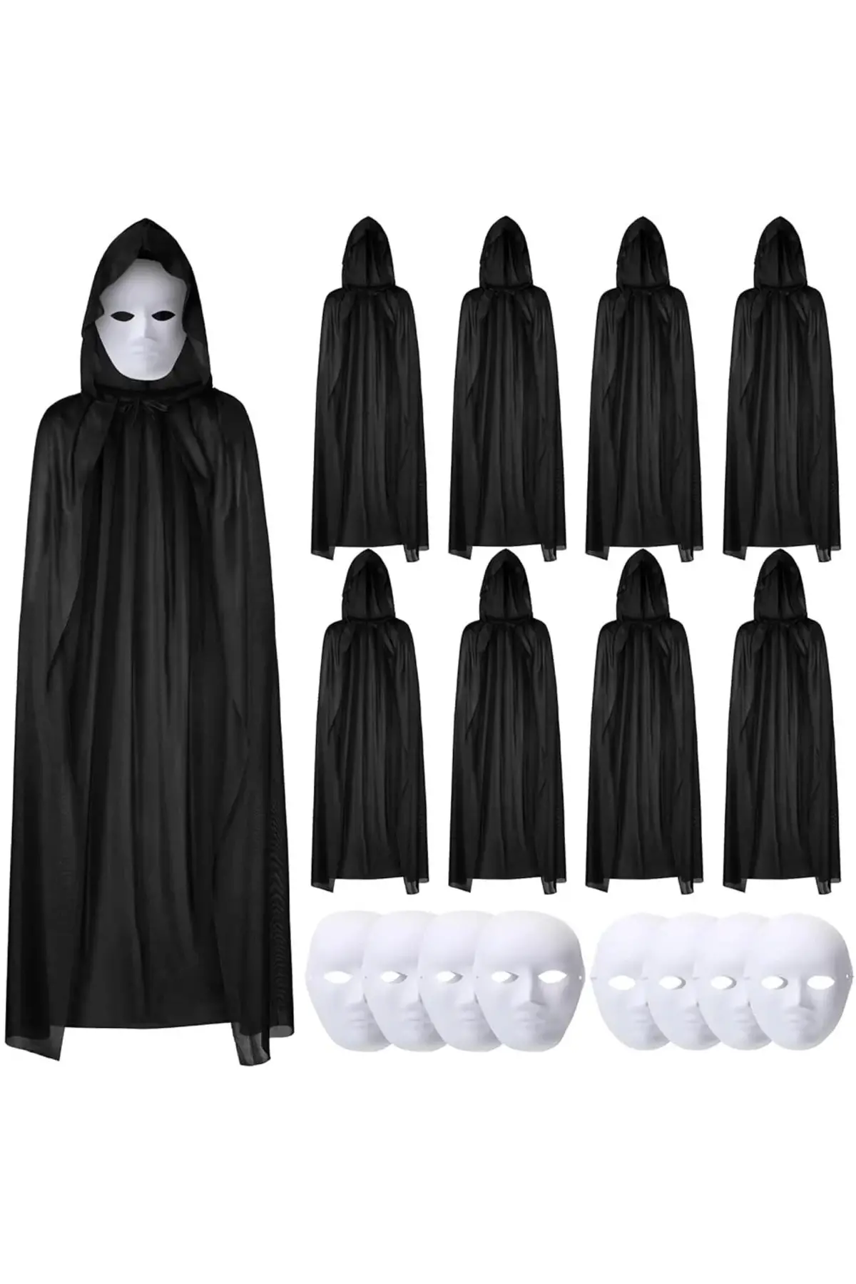 120 Cm Siyah Kapüşonlu Pelerin Ve Boyanabilir Karton Maske 8’li Set
