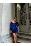 Kadın Zarif Stil V Yaka Uzun Kol Omzu Açık Abiye Elbise-3