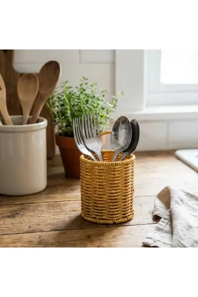 Yuvarlak Hasır Dokulu Plastik Rattan Kaşıklık & Çatallık – Askılı Kendiliğinden Tutmalı Çok Amaçlı M