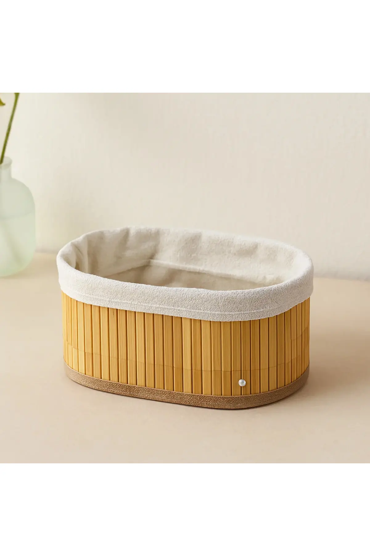 3 Boy Oval Organizer Sepet - Bambu Kenarlı, Ahşap Tabanlı, Bezli