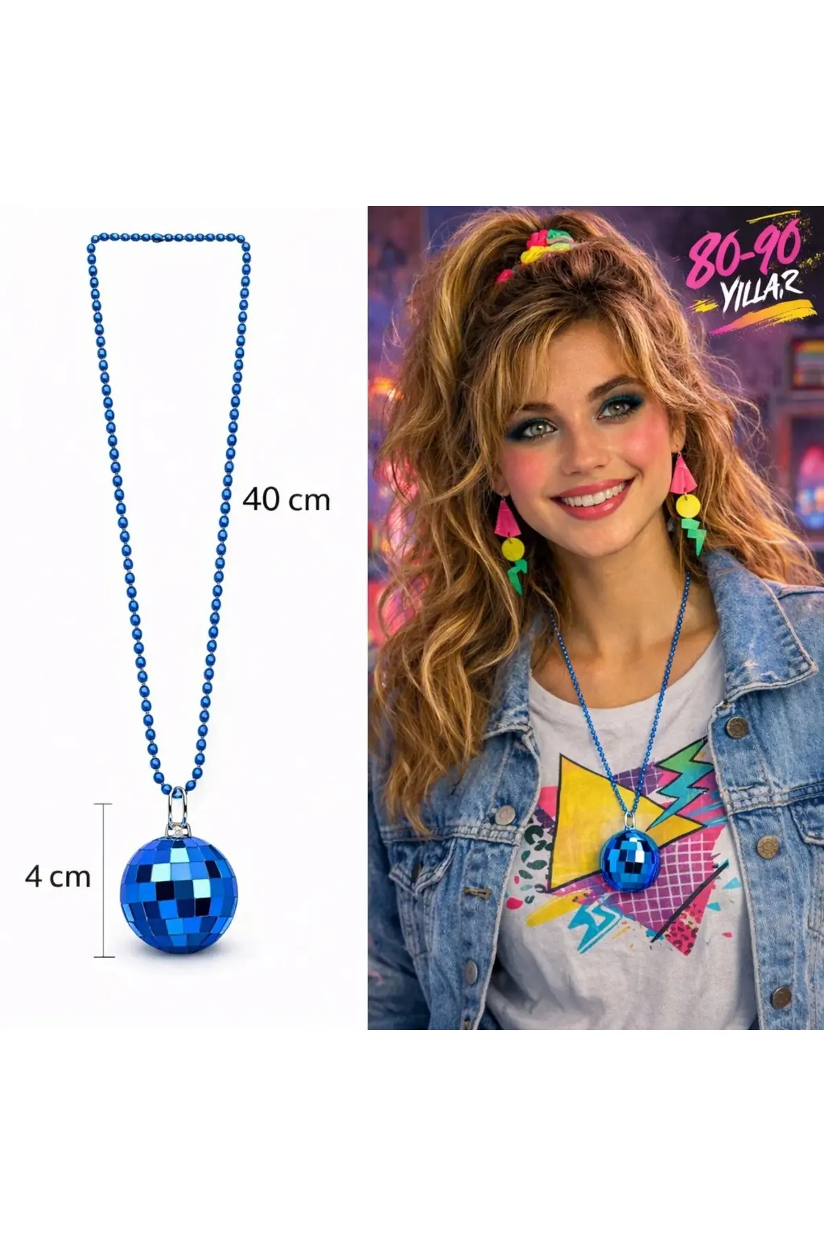 Retro Disko Topu Şekilli 80'ler 90'lar Mavi Renk Plastik Kolye