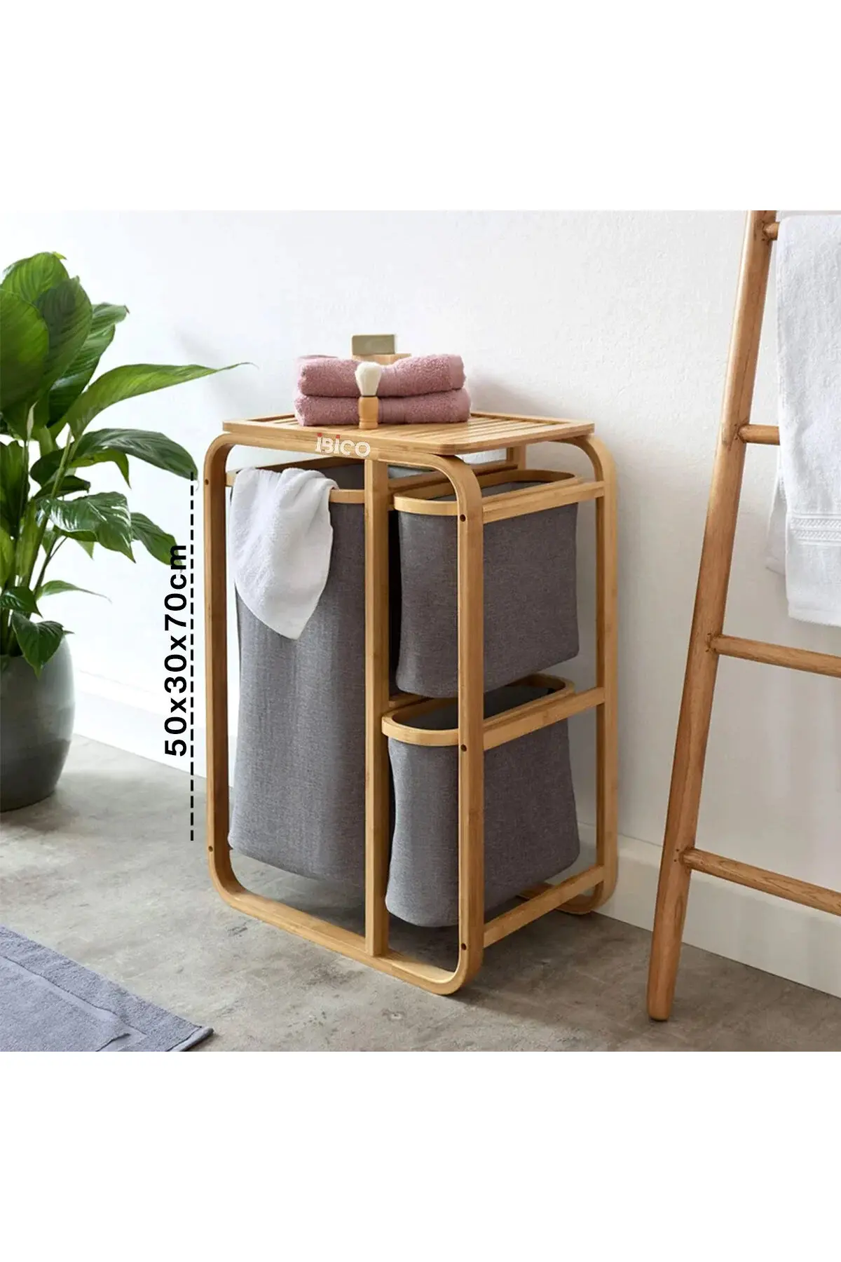 Kirli Çamaşır Sepeti Ahşap - Bambu 3 Organizer Bölmeli Kumaş Çantalı 50X30X70CM