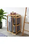 Kirli Çamaşır Sepeti Ahşap - Bambu 3 Organizer Bölmeli Kumaş Çantalı 50X30X70CM-1