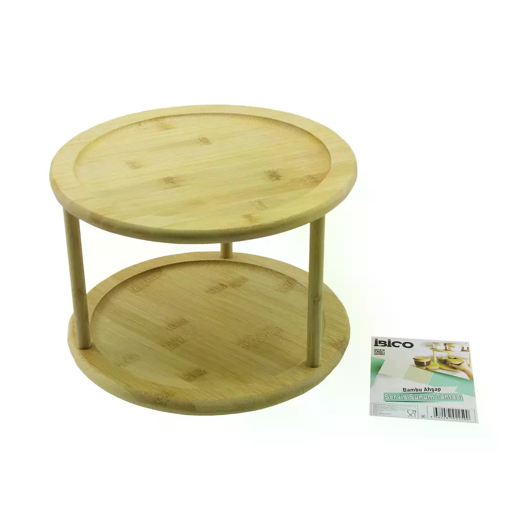 2 Katlı YUVARLAK=24.5CM Döner Tablalı Ahşap Bambu Sunum Tepsisi - Mini Sofra