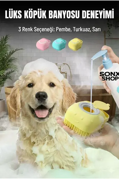 Şampuan Hazneli Kedi Köpek Yıkama Fırçası - Silikon Masaj Tarağı ve Evcil Hayvan Banyo Aparatı