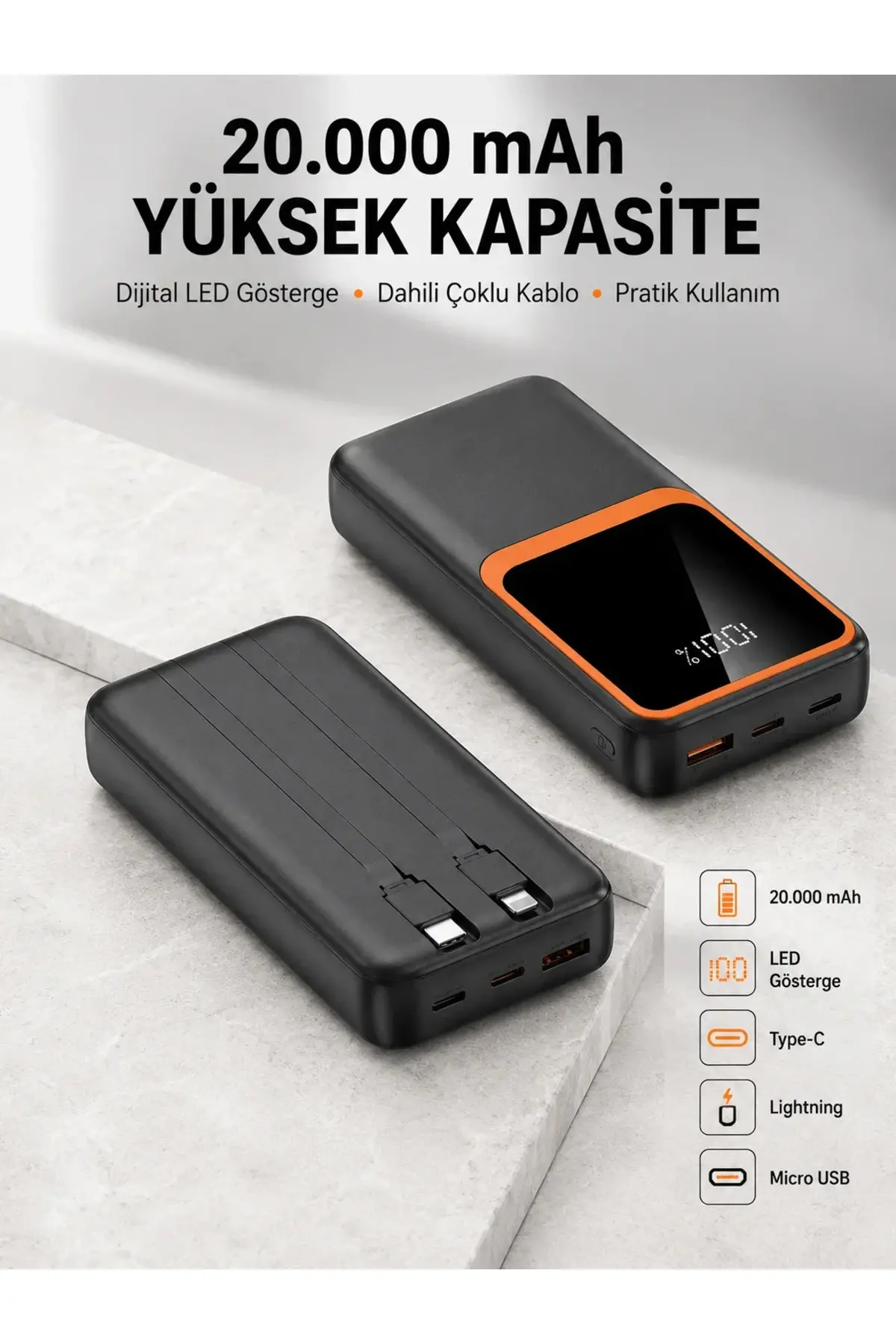 Dijital Ekranlı 20.000 mAh Powerbank | 22.5W Hızlı Şarj + Çoklu Bağlantı Seçeneği Yeni Nesil