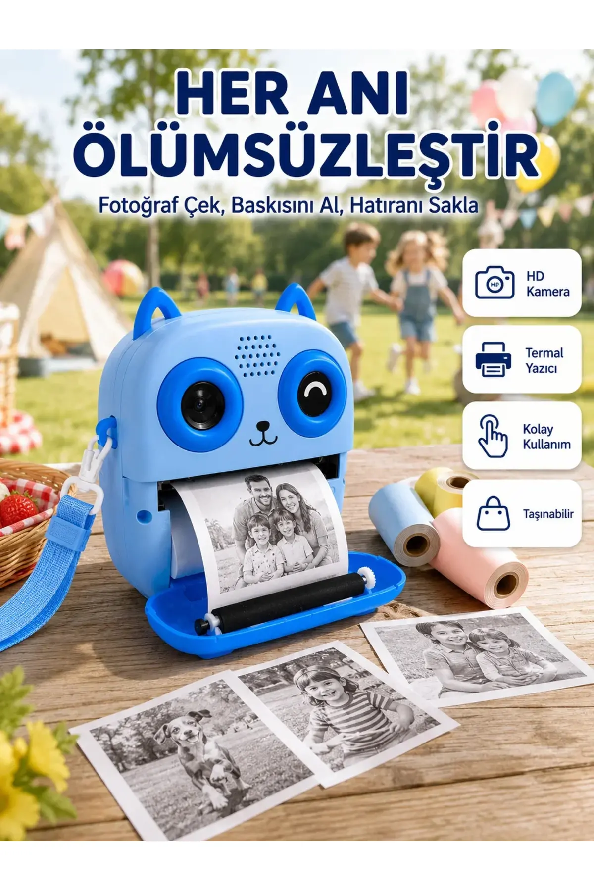 Çocuklar İçin Termal Baskılı Dijital Fotoğraf Makinesi Ön ve Arka Kameralı