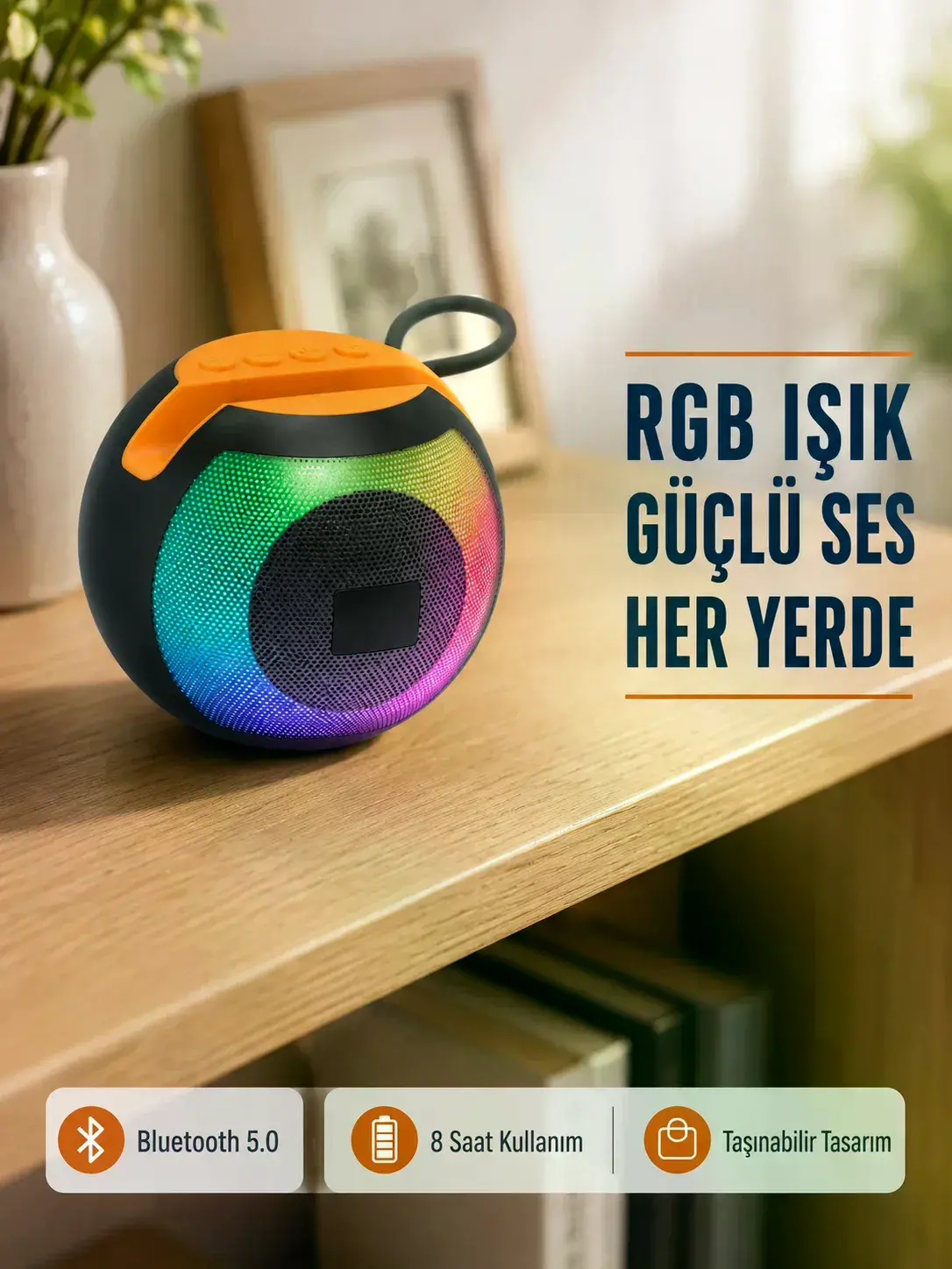 RGB Işıklı Bluetooth Hoparlör – 360° Stereo Ses ve 8 Saat Çalma Süresi