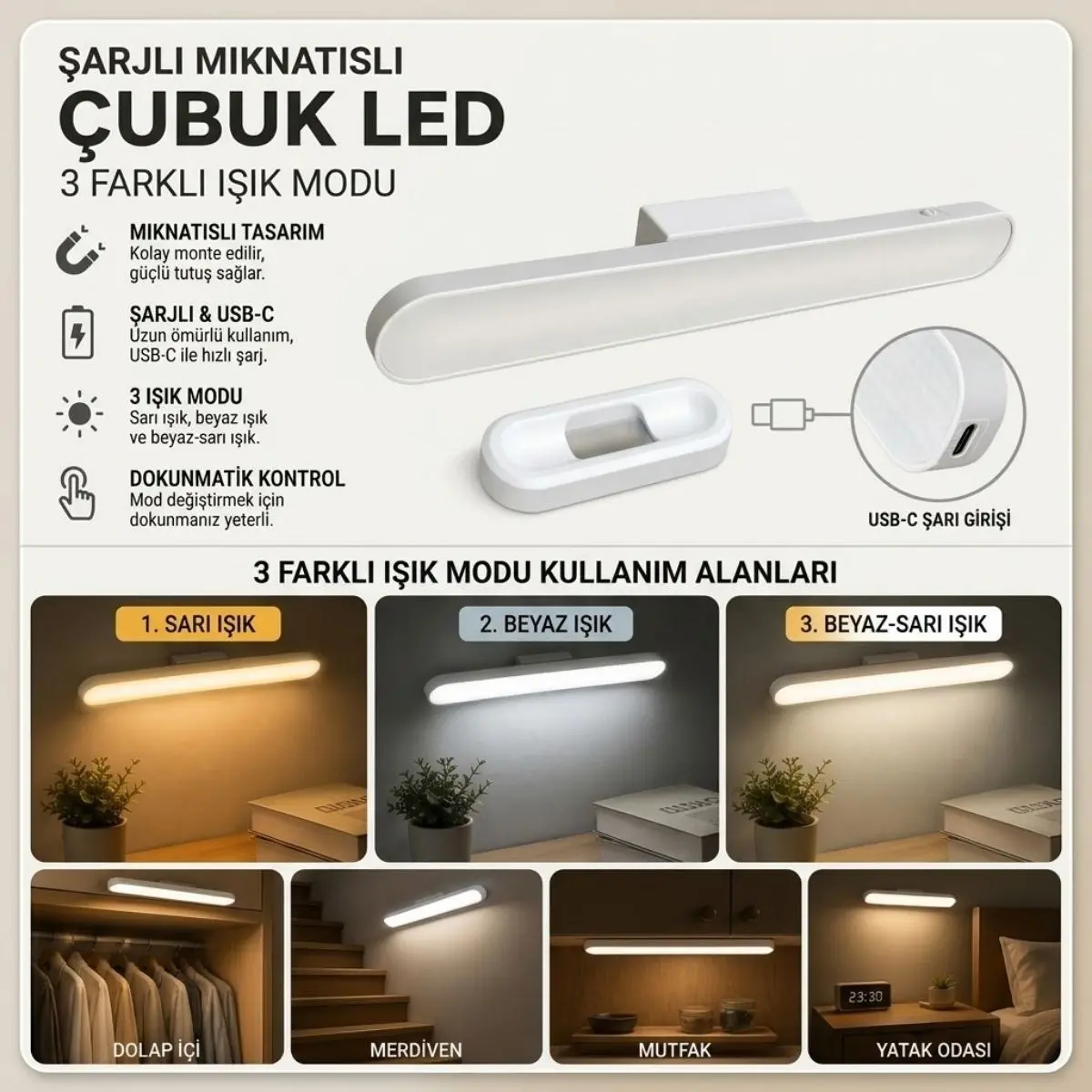 Şarjlı Manyetik LED Çubuk Lamba, Dokunmatik, 3 Modlu, Kablosuz Mutfak Dolap Altı ve Dekoratif Aydınlatma (4745)