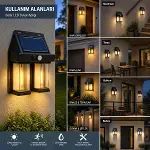 2&amp;#39;li Solar Güneş Enerjili LED Duvar Apliği, Hareket Sensörlü, Şarjlı, Kablosuz Dış Mekân Bahçe ve Kapı Lambası (4745)-3