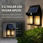 2&amp;#39;li Solar Güneş Enerjili LED Duvar Apliği, Hareket Sensörlü, Şarjlı, Kablosuz Dış Mekân Bahçe ve Kapı Lambası (4745)-1