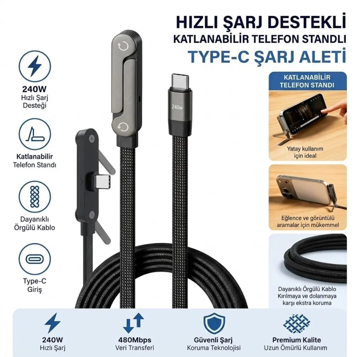 240W Hızlı Şarj Destekli Katlanabilir Telefon Standlı Örgülü Type-C to Type-C Şarj Kablosu (4745)