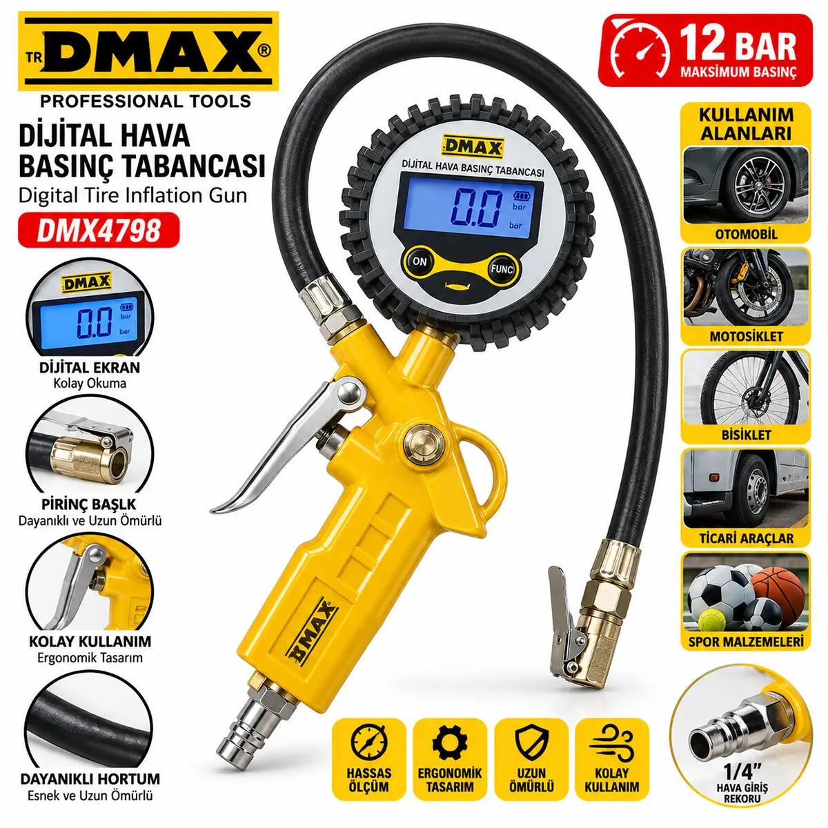 DİJİTAL HAVA ÖLÇME - LASTİK ŞİŞİRME TABANCASI 12 BAR BASINÇLI - 1/4 REKOR DMX-4798 (4745)