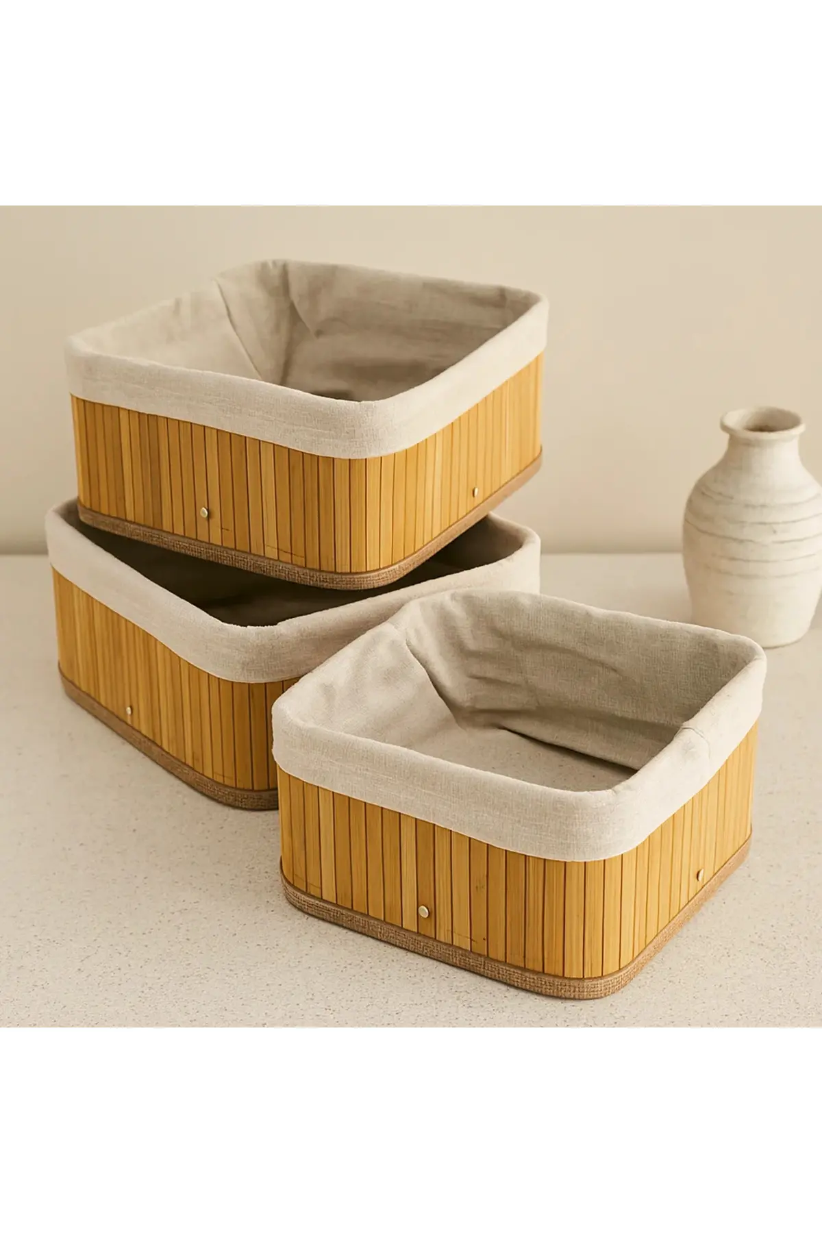3'lü Kare Organizer Sepet Seti - Bambu Kenarlı Ahşap Taban Bez Astarlı (17x17 / 21x21 / 26x26 cm)