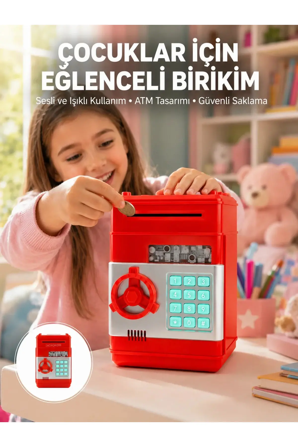 Kırmızı ATM Kasa Tipi Para Biriktirme Kumbarası
