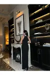 Kadın Şık Model V Yaka Standart Kol Krep Kumaş A Kesim Abiye Elbise-4